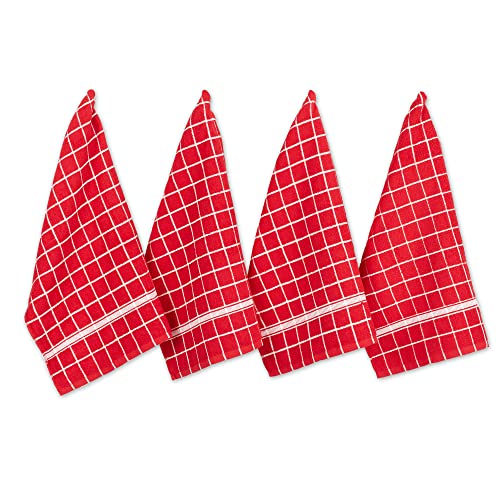 DII Basic Terry Collection Windowpane Dishtowel Set, 16x26, Red Check, 4 Piece