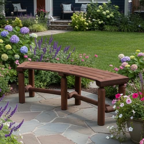 FORTUNO Outdoor Wooden Curved Backless Porch Bench Rustic Style Cedar/Fir Wood Log Fire Pit Bench for Patio Garden Deck and Backyard 40-54.7 W13 D16.5 H Mocha