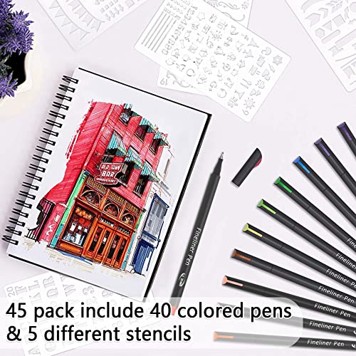Tebik 45 Pack Planner Pens Colored Pens, 40 Colors Drawing Pens With 5 Stencils, Fineliners For Journal Planner Note Calendar Writing Coloring, Drawing & Detailing School Office Art Supplies #TOP2