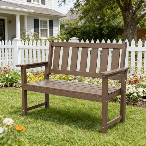Image of 50 inch HDPE Weatherproof Outdoor Bench Patio Seating, Mocha Brown 2 Pack