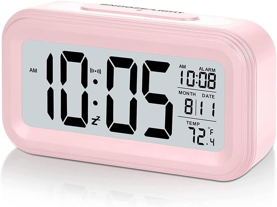 Qniceone Digital Alarm Clock, Battery Operated Alarm Clock with Date,Indoor Temperature,Smart Night Light, Easy Operation Electronic Clock for Bedrooms Home Kids (Pink)