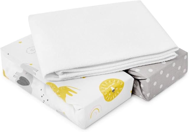 FlyIdeas Prześcieradła Do Koszami Mojżesza, Zestaw 3 szt. 75x35 cm | 2 Prześcieradła Do Kołyski i 1 Wodoodporny Ochraniacz na Materac 100% Prawdziwej Bawełny