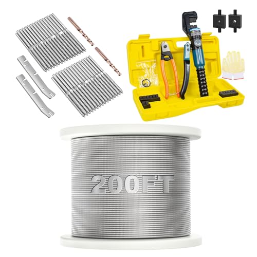BLIKA 200FT 1/8" Deck Railing Cable,60 Pack T316 Stainless Steel Right&Left Handed Thread Swage Lag Screws and 10 Ton Hydraulic Crimping Tool Kit With Cable Cutter
