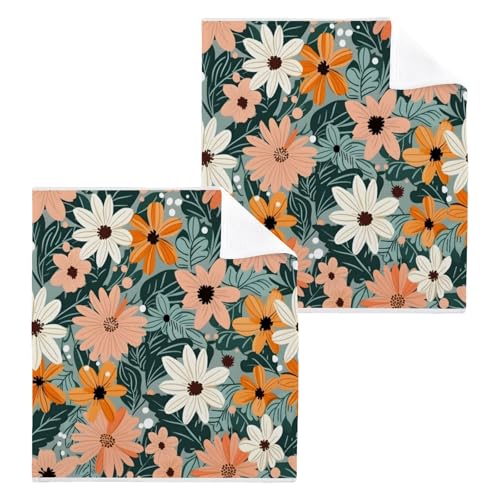 ALAZA Wash Cloth Set 100% Cotton Fingertip Towels Face Cloths Sets Summer Flowers Leaves Highly Absorbent Soft Feel Set of 2