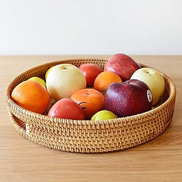 Round Rattan Serving Tray Decorative Woven Ottoman Trays with Handles for Coffee Table Natural (Small 11.8 inch x 2 inch)