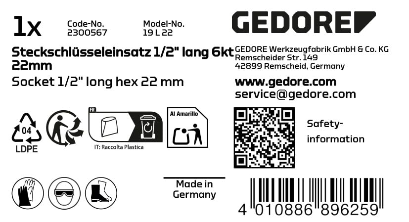 Gedore Socket 1/2 "Hex 22 mm - Long 19 L 22 - Image 2