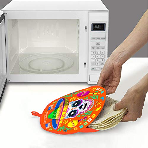 DOKKIA Tortilla Warmer Taco 12 Inch Insulated Cloth Pouch - Microwavable Use Fabric Bag to Keep Food Warm (12 Inch, Skull Day of The Dead Sombrero Maracas)