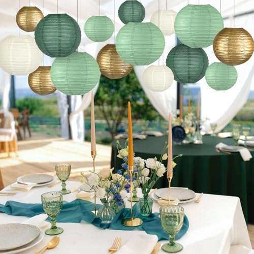 Image of 15-Pack Sage Green Gold Paper Lanterns Party Decorations | Assorted 6, 8 & 10-Inch Hanging Lanterns for Baby and Bridal Showers, Graduations, Weddings, Birthdays and Outdoor Receptions