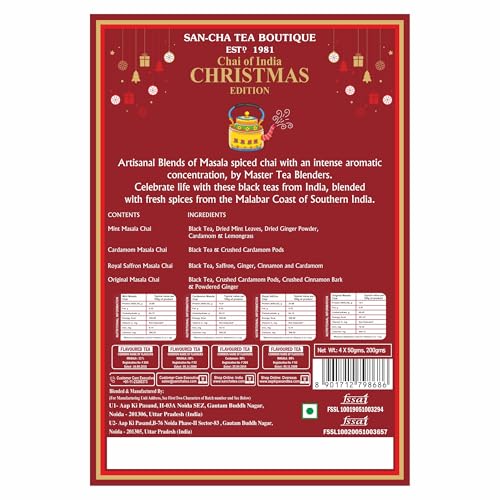 Image of Sancha Tea Boutique, Chai of India Christmas Edition Gift Box | 4 Premium Masala Chai Blends - Original, Cardamom, Saffron & Mint | Spiced Black Tea Gift Set