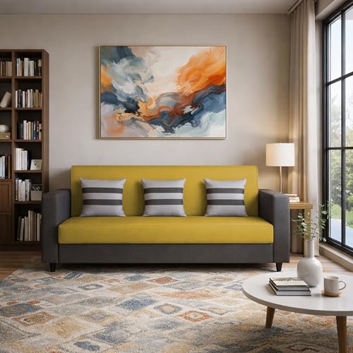 Image of Casaliving Amara 3 Seater Sofa Set for Living Room (Black Yellow Colour Fabric) Premium Fabric Sofa