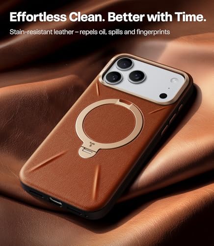 Image of TORRAS Q3 VegSkin for iPhone 17 Pro Max Case Leather, 360 Spin Magnetic Stand, Fit for MagSafe, Camera Control, Shockproof Premium Organic Silicone Leather Case for iPhone 17 Pro Max, Saddle Brown
