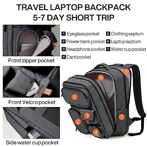 mixi Large Capacity Expandable Travel Backpack for Women & Men 15.6'' Laptop Carry On Weekender Bag Outdoor Hiking with Multifunction Pockets 180° Open Water Resistant 18 Inch 28L, Rock Gray3