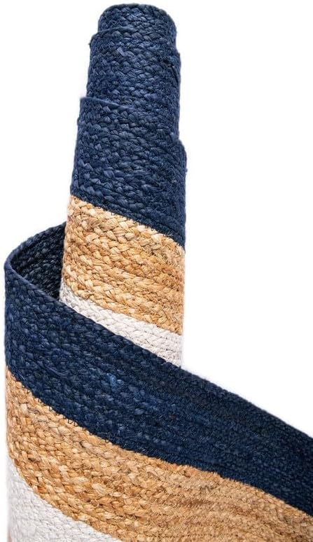 2x6 Ft Beige and Navy Blue & White Jute Area Rug, Hand-Woven, Handcrafted & Unique Designs, Farmhouse Boho Style, Durable & Pet-Friendly Rug for Living Room, Dining Room, and Bedroom