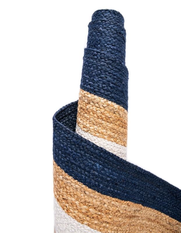 Tapis rustique en jute tressé à la main pour salon, chambre à coucher, salle à manger et entrée, beige, bleu marine et blanc, 1,5 x 2,4 m