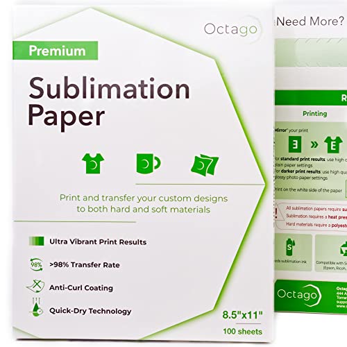 Octago Premium Sublimation Paper (8.5x11 Inches) Dye Sublimation Heat Transfer Paper works with Sublimation Blanks, Sublimation Ink, & Light Poly Fabrics (100 Sheets)