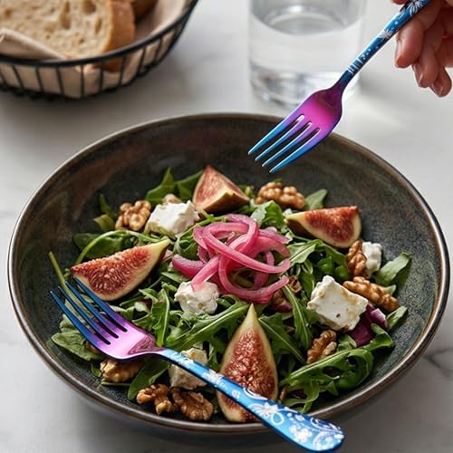 Image of 6.7 inch Rainbow Salad Forks with Floral Printed Handle | Set of 5 Durable Stainless Steel Fruit Forks | Mirror Polished Silverware for Home, Restaurants, and Gift Giving
