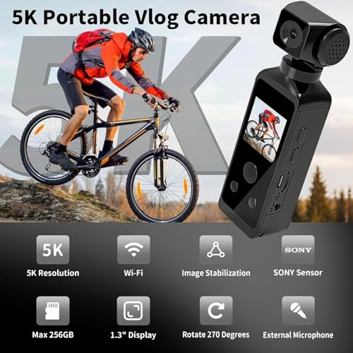 WOWAWOLA 5K Körperkamera Bodycam Vlog Kamera, Sports Action Cam mit 270° drehbarem Objektiv, Pocket Action Cam für Reisen, Outdoor-Sport, Fahrrad, Clip und 64 GB TF-Karte im Lieferumfang enthalten