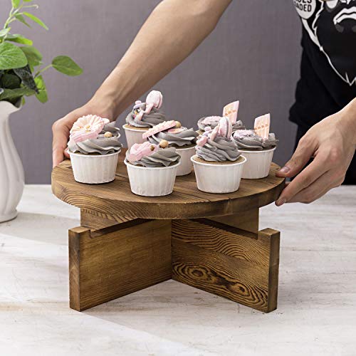 Mygift 12-Inch Wood Cake Stand, Round Rustic Burnt Wood Dessert Pedestal Serving Tray With Removable Base #TOP1