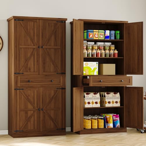 Image of BORNOON Pantry Organizers and Storage Cabinet, 67.71 inch Barn Door White Kitchen Cabinet with Drawers and Adjustable Shelf, Tall Pantry for Kitchen, Dining Room, Living Room