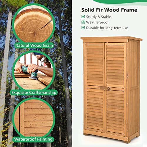 Goflame 63” Outdoor Storage Cabinet, Wooden Garden Storage Shed With 3 Removable Shelves, Waterproof Asphalt Roof, Adjustable Footpads, Latch, Outdoor Tall Vertical Tool Shed For Garden Porch Deck #TOP4