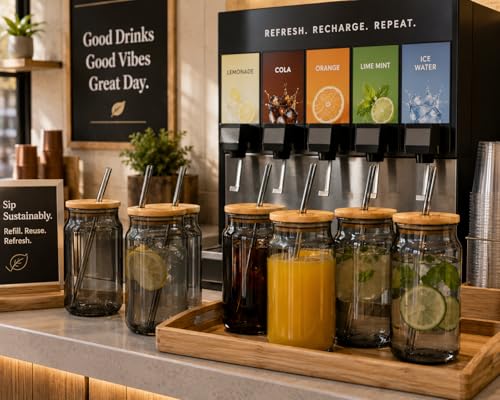 Image of Glass Tumblers with Wooden Lid and Glass Straw, 540ml, Borosilicate Glass, for Coffee, Iced Coffee, Juice and Smoothies, Coffee Mug, Sipper (Grey - Can Shape)