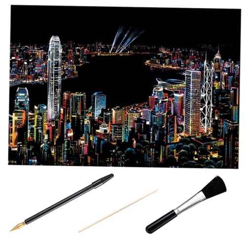 GALPADA Kit para Dibujo de Rascar para Incluye Herramienta de Bambú Bolígrafo Dorado y Pincel Negro Imagen Nocturna de Ciudad Victoria para Manualidades DIY