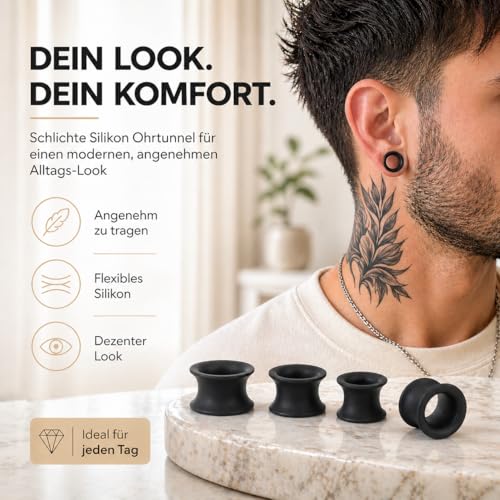Fellisimo 4x Silikon Ohr Tunnel 10 mm, 6mm, 8mm, 12mm – Schwarz – Weicher Silikon Plug/Tunnel – Komfort, Stabiler Halt, Pflegeleicht – für Geweitete Ohren – Double Flared (Schwarz 10mm)