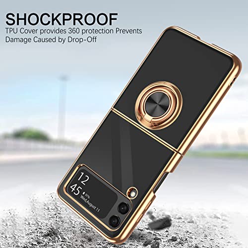 Bentoben Galaxy Z Flip 3 Case 5G With 360° Ring Holder, Shockproof Slim Kickstand Magnetic Support Car Mount Women Men Non-Slip Protective Phone Case For Samsung Galaxy Z Flip 3, Black/Gold #TOP2