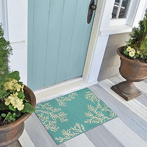 Liora Manne Esencia Machine Washable Non-Slip Low Profile Indoor/Outdoor Mat-Transitional, Coastal, Beach, Border, Coral Edge Aqua 2' x 2'10"