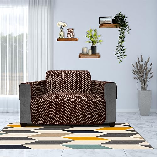 Image of DREAM KING 3 Layers 300 GSM Waterproof Reversible Sofa Cover 2 Seater with Pockets | Dust Protective Soft Fabric Sofa Seat Cover Coffee & Beige