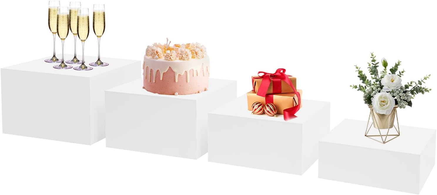 4PCS Acrylic Display Risers, Rectangular Food Risers for Buffet Table, Stackable Display Stand with Hollow Bottom for Cake Wedding Party, 4 Sizs - 10.6" 11.8" 13" 13.8"