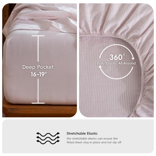 Image of MooMee Striped Sheet Set 100% Washed Cotton Linen Like Queen | Relaxed Linen-like Texture. Soft, Breathable & Lightweight Comfort. 15-19 inch Extra Deep Pocket with All-around Elastic