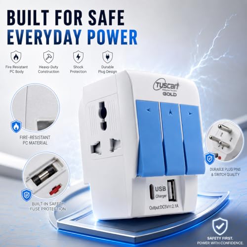 Image of PROSAC 3 Pin Multi Plug | Universal Conversion Multiplug with Type A and Type C USB Charger | Universal Travel Adapter with Individual Switch & LED Indicator | 3 Way Plug Extension with Fuse