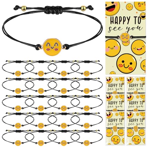 Sasylvia 30 Set Cute Inspirational Smile Bracelet Welcome Back Gifts Bulk Back to School Positive Bracelet Happy to See You Motivational Card for Teacher Employee Coworker Nurse Office Staff