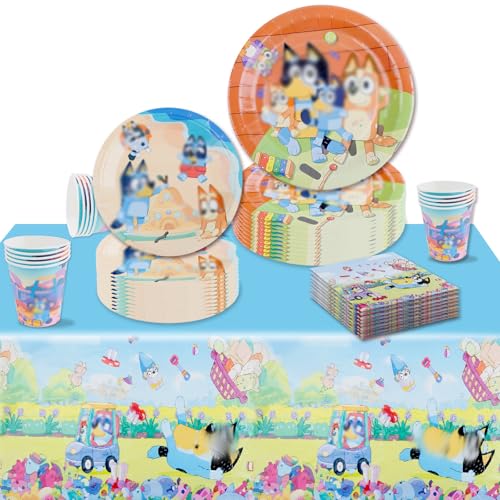 Blue Birthday Party Tableware Set 51Pcs Birthday Decorations Kids Cartoon Themed Party Supplies Set With Plates Cups Napkins and tablecloth