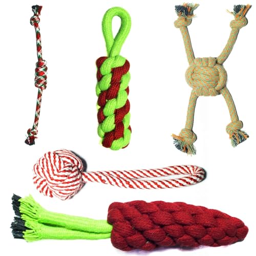 Image of Dog Rope Toys Set of 5 - Tough Chew Toys for Aggressive Chewers & Large Breeds | Heavy Duty Indestructible Cotton Dental Knot Toys | Puppy Teething Tug Toy Kit | Multicolor