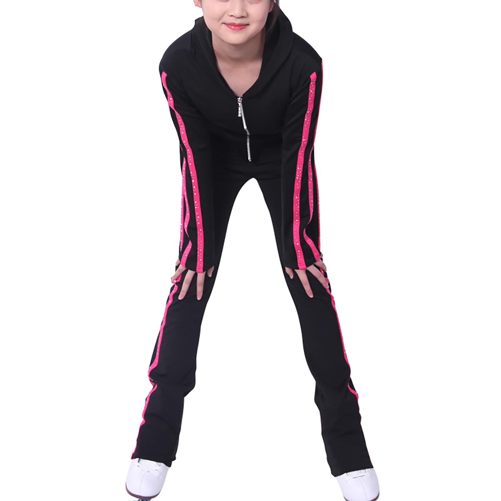 Traje de Entrenamiento de Patinaje Artístico para Mujeres y Niñas Chaquetas con Capucha y Pantalones de Entrenamiento de Patinaje sobre Hielo(Size:XXS,Color:Rosa)