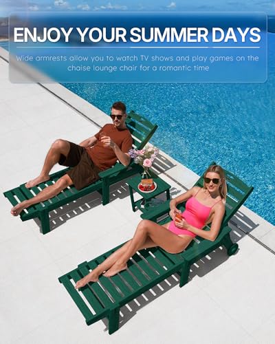 Image of Patio Chaise Lounge Chair Set of 4, Oversize Lounge Chairs with Wood Texture& Rolling Wheels, HDPE 5-Position Plastic Lounge Chairs for Poolside, Patio, Deck, Beach,Green