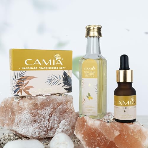 Image of CAMIA Premium Moroccan Argan Oil, 100 ML + Frankincense Essential Oil, 15 ML + Frankincense Soap | Natural Skincare Set for Moisturizing, Anti-Aging & Glowing Skin | Youthful Radiance Kit