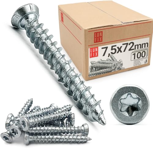 Vis de Cadre de Fenêtre 7.5x72 – 100 Pièces – Chevilles Béton avec Vis Inox Tête Fraisée pour Maçonnerie, Mur, Parpaing, Brique – Cheville Longue Charge Lourde – Lun Fix