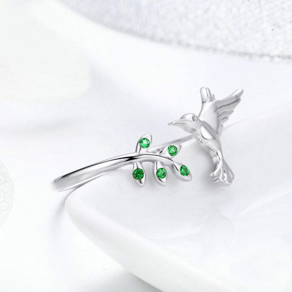 Bague ouverte en argent sterling S925 en forme de colibri avec cristal vert et zircone cubique réglable pour femme et fille