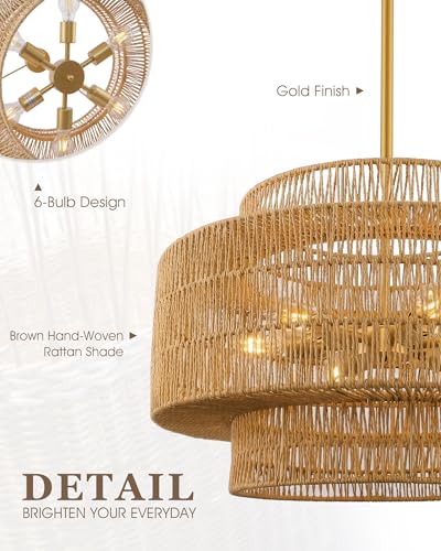 Image of 24 inch Large Boho Rattan Chandelier, 3-Tier Hand Woven Shade, Gold