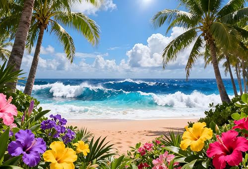7x5ft Summer Hawaiian Beach Backdrop Polyester Fabric Hawaiian Tropical Beach Hawaiian Tropical Beach for Luau Aloha Party Decoration Banner
