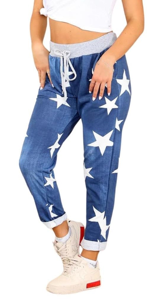 Wearall Women's Denim Blue Star Floral Print Drawstring Elasticated Trousers Jogging Bottoms Pants 20-22
