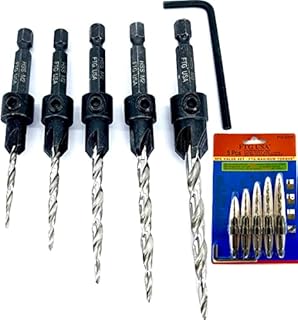 FTG USA Countersink Drill Bit Set 5 Pc Countersink Drill Bit #4, 6, 8, 10, 12, Tapered Drill Bits Secured with Pin to 1/4