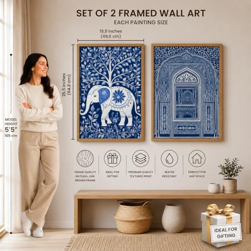 Image of Livin'luxe Set of 2 Blue Elephant Arch Wall Paintings for Living Room Bedroom Home Decor with Premium Wooden Color Synthetic Frame (25.5 x 19.5 Inch) NM02-59
