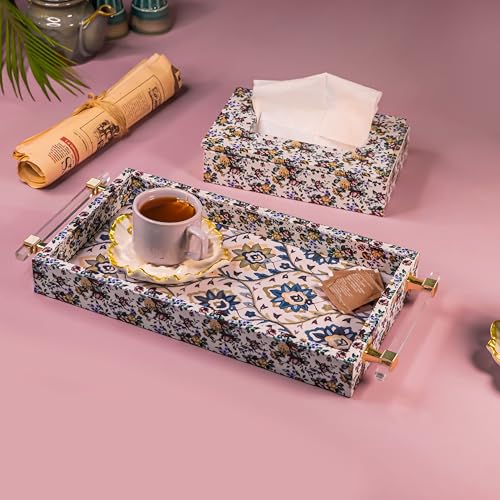 Image of Art Street Premium Serving Tray and Tissue Holder /Tissue Paper Case Dispenser Combo for Kitchen, Dining, Home and Office (Flowers Printed, Tray Size 8x17 Inch, Tissue Holder 6x9 Inch)