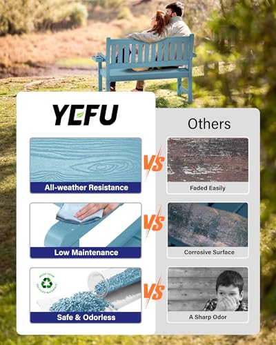 YEFU Outdoor Bench for Patio Waterproof: Heavy Duty 2-Person Garden Bench with 2 Cup Holders & Oversized Seating - HIPS Weatherproof Patio Benches for Front Porch Backyard Park, Blue - Image 5