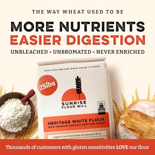 Image of Sunrise Flour Mill Heritage Organic White Flour | USDA Organic All Purpose Flour Unbleached - Non-GMO, Kosher, Grown Without Glyphosate, High Protein for Baking, Unbromated White Wheat (400 Ounce (Pack of 1))