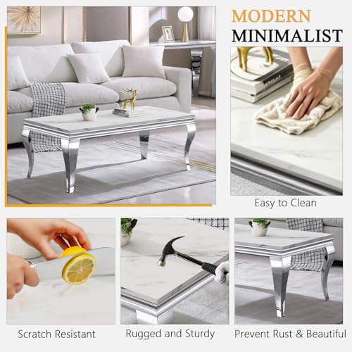 Image of Luxury Coffee Table Set of 2, Rectangular Coffee Table with End Side Table, Modern 2 Piece Living Room Table Set with Faux Marble Top & Silver Stainless Steel S Legs for Apartment Home Office